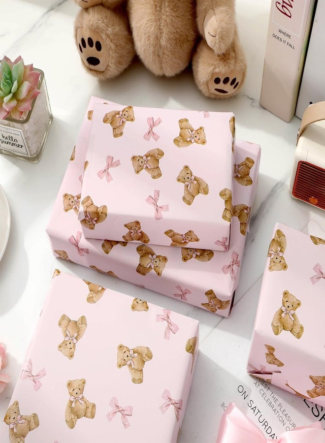 FYSUIMU Pink Bow Bear Wrapping Paper -Mini Roll- 17 Inch x 32.8 Ft Brown Bear Bow Knot Gift Wrap Paper Cute Pink Art Paper for Baby Shower Birthday Supplies - Image 5